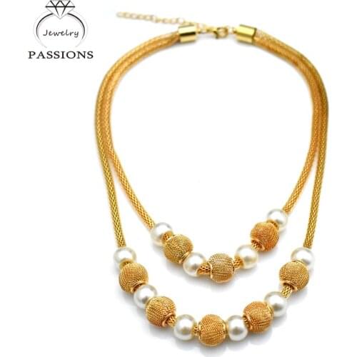 Vintage Luxury Pearl Statement Necklace Gold Plate Double Layer Imitation Pearl Necklace Collier For Women Sweater Chain Jewelry
