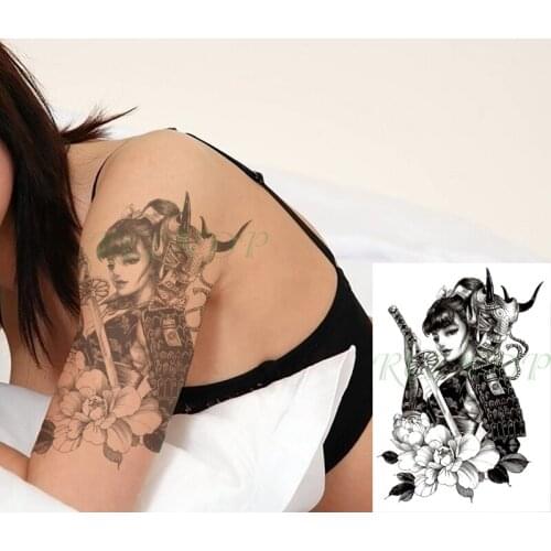 Waterproof Temporary Tattoo Sticker Japanese Style Warrior Girl Flower Sword Prajna Mask Fake Tatto Flash Tatoo for Men Women