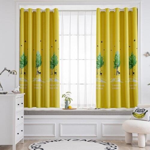 Rustic Curtain for Bay Window Bedroom Trees Deer Pattern Drape Printed Yellow Cloth Finished Product High 210CM Shade Z243#D