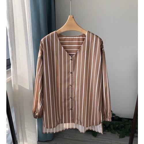 Ladies Lazy Style Casual Contrast Striped V-neck Cotton Long-sleeved Shirt Top