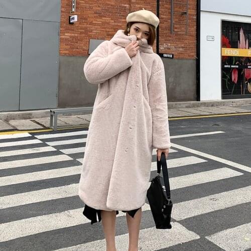 Female Winter Plus Size Cotton Warm Long Rabbit Hooded Outerwear Loose Thicken Jackets Women Faux Fur Overcoats