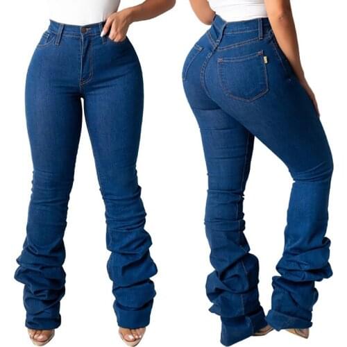 Plus Size 5XL Stacked Jeans Women High Waist Bell Bottom Jeans Streetwear Flare Jeans Denim Pants Vintage Long Straight Trousers