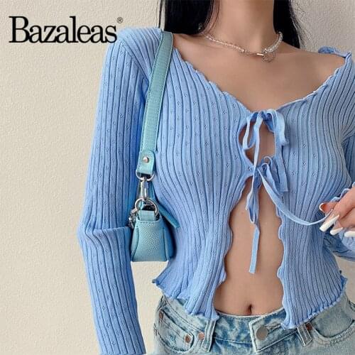 Bazaleas Vintage V neck women Knitted Hollow Out Sweater Sexy Center Bandage Women sweater