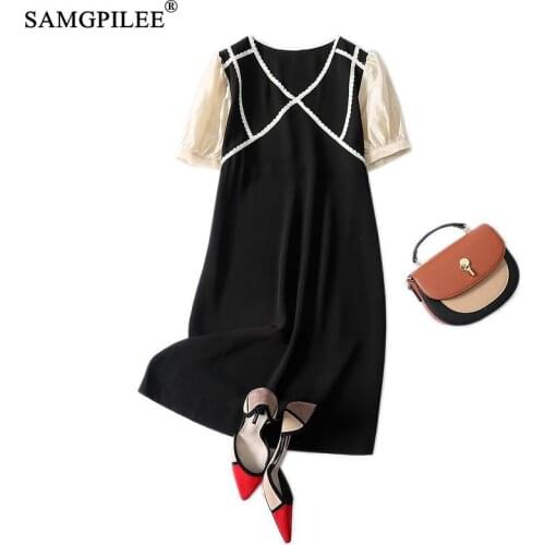 Summer Clothes For Women 2021 New V-neck Patch Stripe Retro Patchwork Thin Knee Length Slim Short Sleeve Plus Size Dresses Woman