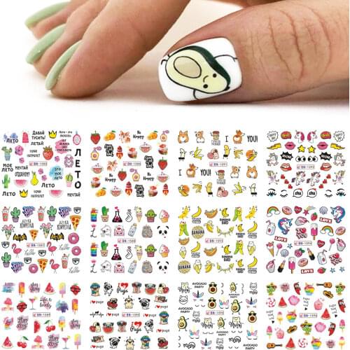 12pcs Avocado Nail Stickers Cute Cartoon Transfer Sliders For Nails Dog Cat Water Decals Anime Tatto For Manicure GLBN1585-1596