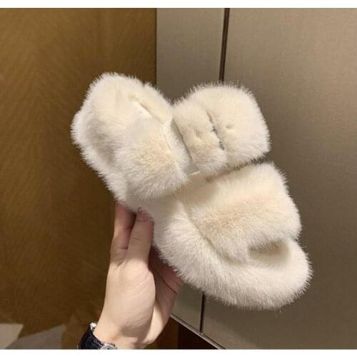 2021 Fashion Fur Home Slippers Woman Platform Plush Indoor Fashionable Furry Shoes and Fuzzy Adjustable Buckle Fluffy Slippers