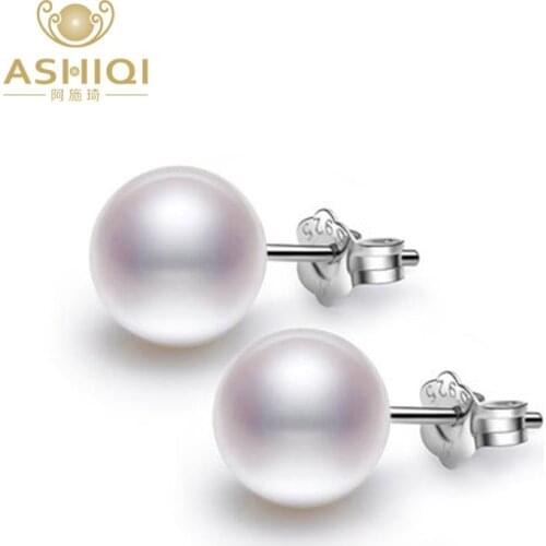 ASHIQI 100% perfect round Natural Freshwater Pearl Earrings, Real 925 Sterling Silver Stud earring jewelry