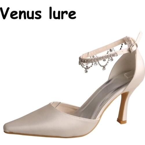 23 Colors Bridesmaid Heels with Ankle Strap Ivory Color Satin Pointed Toe Pumps