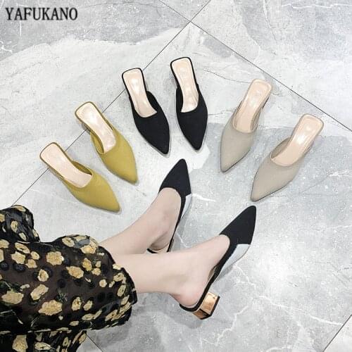 Fashion Half Slippers Baotou Pointed Toe Square Heel Slides Brand Knit Breathable High Heels Sandals Summer Outside Beach Mules