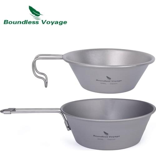 Boundless Voyage Titanium Bowl Cup 300ml / 450ml Lightweight Camping Pot with Folding Handle Durable Outdoor Hiking Mess Kit