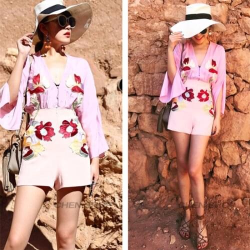 Brand Style Playsuits Rompers Women Cut Sleeve V Neck Pink Overalls Embroidery Floral Appliques Beach Playsuits Jumpsuit CC076