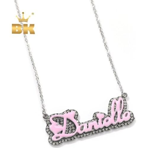 THE BLING KING Custom Enamel Name Choker Iced Out Rhinestone Stainless Steel Letters Pendant Personalized DropOil Necklace Gift