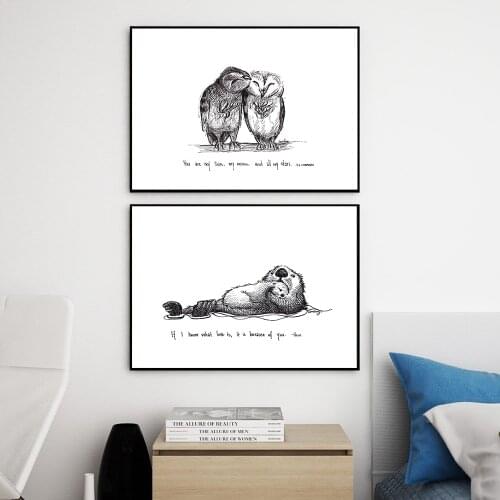Black White Owl Couple Sea Otters Inspiring Canvas Painting Nordic Poster Print Wall Art Picture Kids Room Decor Home Decoration