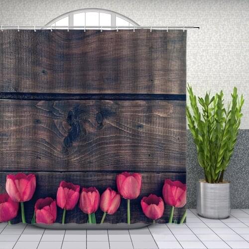 Flower on the Wooden Board Shower Curtains Spring Tulip Floral Plant Bathroom Decor Home Bathtub Polyester Cloth Curtain Set