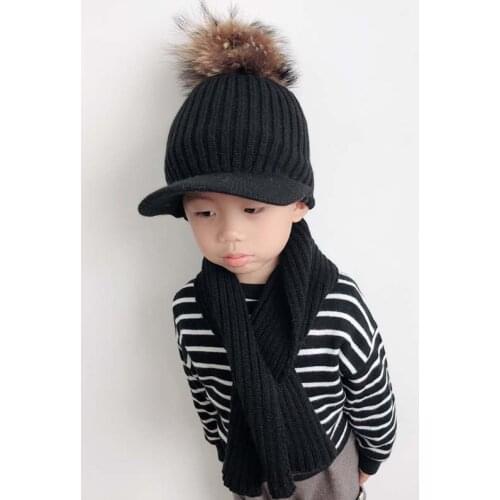 2018 Winter Autumn Fur Pompom Hat Cap For Kids Children Striped Knitted Baseball Cap With Scarf Brand Snapback Caps