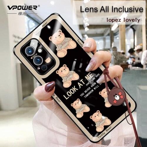 For OnePlus 9 Case Clear Glass Shield Case Tempered Cartoon Bear Hard Back Protection Shell For One Plus 9 Pro Cover