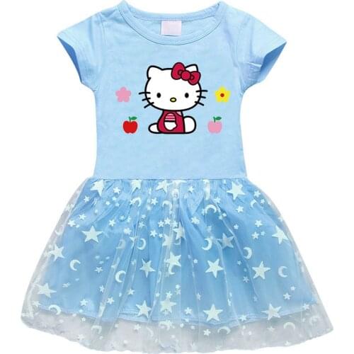 Sanrio 2021 Hello Kitty Girls Dress Cotton Printed Cartoon Stars Moon Mesh Short Sleeve Princess Dress