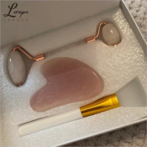 Three-piece Rose Quartz Roller Facial Massager Natural Jade Massage Roller Slimming Jade Scraping Mask Brush Set Skin Care Tools