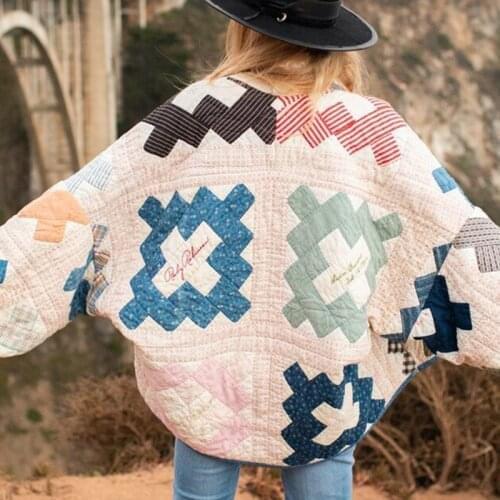 Autumn Winter Women Warm Loose Cardigan Coats Casual Long Sleeve Cotton Jacket Tops Vintage Harajuku Patchwork Printed Outwear