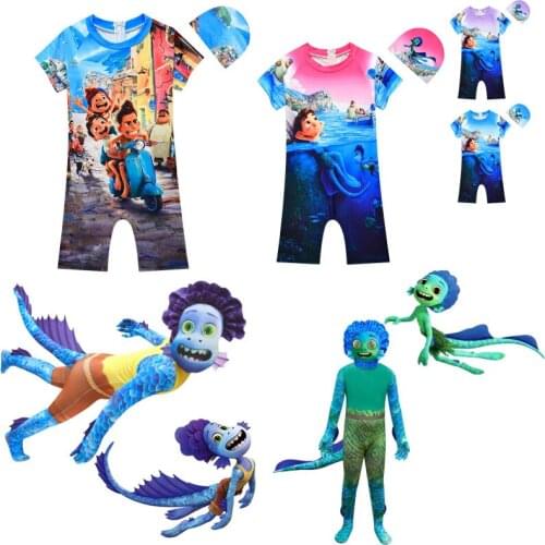 Summer Comfortable Girl Boys Swimming Sui with Cap Set Movie Anime Luca Cartoon Print Summer Girl Boys Kids Beach Bathing Suits