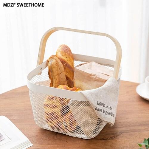 MDZF SWEETHOME Metal Food Storage Basket With Wood Handle Kitchen Bathroom Draining Fruit Vegetables Sundries Basket Gadget