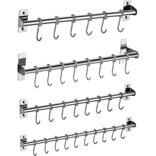 Wall Mounted Utensil Rack Stainless Steel Hanging Kitchen Rail with 6/8/10 Removable Hooks Hanger Organizer
