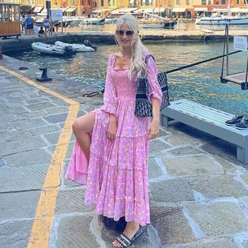 Foridol Puff Sleeve Print Boho Summer Midi Dress Women Floral Maxi Dresses Vestidos 2021 Autumn Chiffon Elegant Dress Vintage