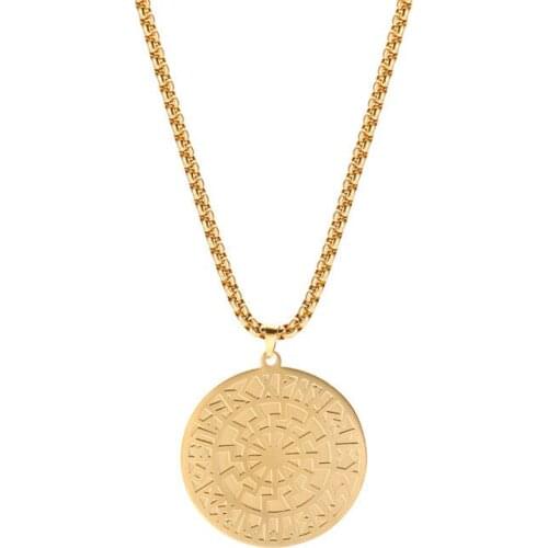 Gold Colour Sun Totem Viking Runes Pendant Stainless Steel Nors Runic Talisman Amulet Men and WOmen Necklace Jewelry