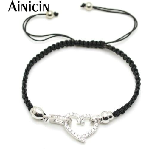 10pcs Cz Setting Silver Plated Heart Shape Charms Fashion Women Jewelry Hand-knitted Adjustable Bracelets Christmas Gift