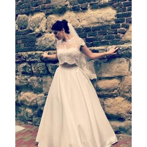 A-Line chic two pieces Wedding Dresses satin Bridal Gowns with Illusion top Lace Beach vintage Wedding Gown robe de mariage