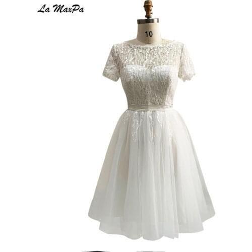 Modest Neck Ivory Lace Top Short Bridesmaid Dress CMT93