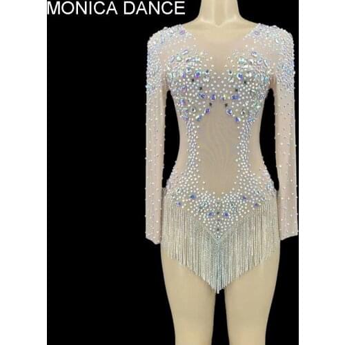 Sexy Stage Silver Rhinestones Sparkly Stones See Through Chain Bodysuit Leotard Celebrate Outfit Stretch Mesh Transparent Outfit