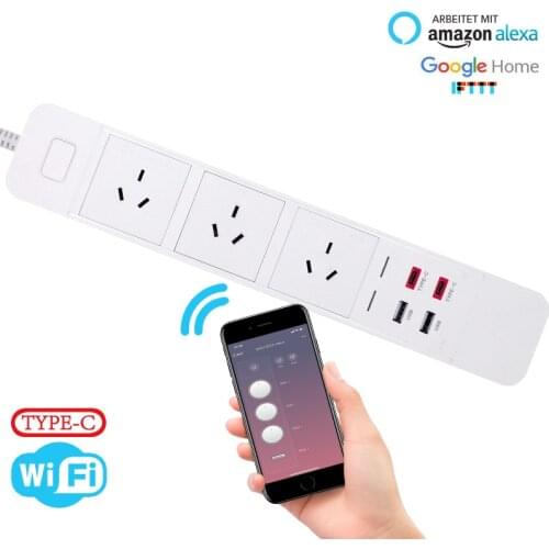 Wifi 3 AU Smart Power Strip 3 Outlets Socket 2 USB 2 Type-c 3.0A Quick Charge Voice Control for Alexa Google Assistant