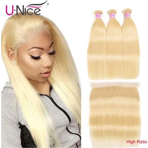 Unice Hair 613 Blonde Straight Brazilian Hair Weave High Ratio Human Hair 3 Bundles with Closure Remy Hair and Lace Frontal