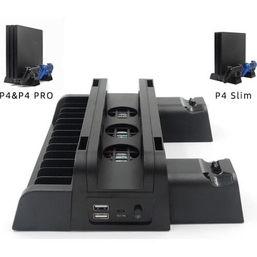 All in 1 Base Dual Controller Charger Charging Station 2 USB Port Cooling Fan 13 CD Storage Stand Console Dock for PS4/Slim/Pro