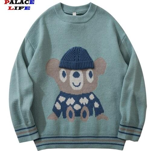 Knitted Sweater Men Japanese Style Cartoon Bear Girl Streetwear Pullover Unisex Harajuku Casual Loose Sweater Women 2021 Autumn