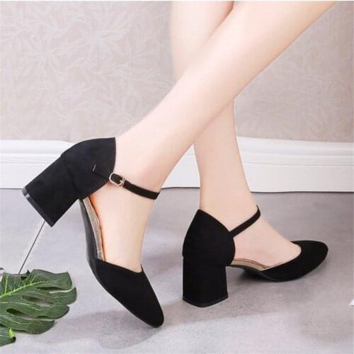 Fashion 5cm Mid Heels Womens Sandals 2021 New Casual Block Heel Women Pumps Summer Pointed Toe Buckle Female Dress Shoes Office