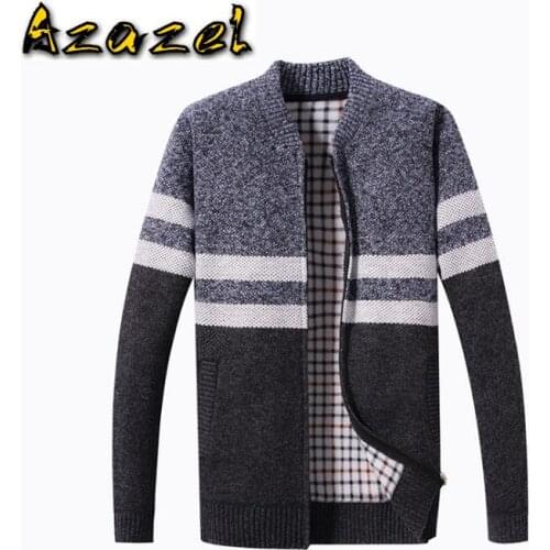 High quality Autumn and winter new Brand mens round neck striped cardigan sweater casual men plus velvet knitwear thick jacket