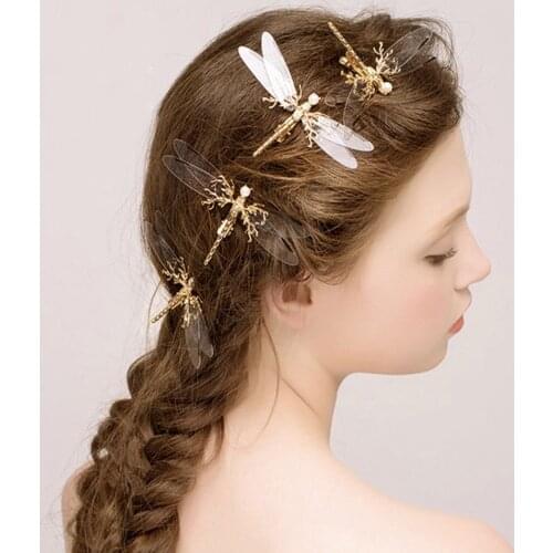 Hot Selling 1Pc Golden Dragonfly Hairpins Bridal Headdress Wedding Hair Accessories Transparent Wings Dragonfly Hair Clip