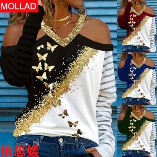 2021 European and American Fashion T-shirt Womens Autumn New Printed Long Sleeve off-the-Shoulder V-neck Top Shirt