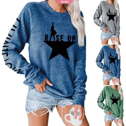 2021 Womens Autumn New T-shirt Sweater Five-pointed Star Printing Round Neck Long-sleeved Pullover Loose Casual Long-sleeve