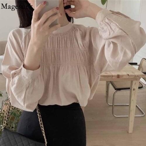 Pleated Long Sleeve Vintage Blouse Women Tops Korean Round Collar Blouses Fashion Women Loose Shirt Cotton Female Clothing 16956