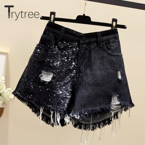 Trytree 2020 Summer Women Shorts Casual Loose Sequins Hole Tassel Cowboy Short Fashion All-Purpose Style Office Lady Shorts