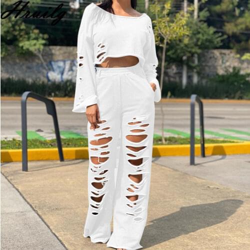 Clothes for Women 2020 Long Sleeve Solid Color Crop Top&long Pants Hole Pocket Casual 2 Piece Outfits for Women Streetwear 2 Pc
