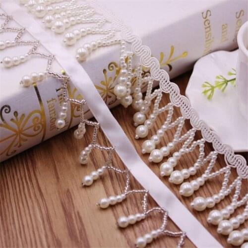 1 Yards White Pearl Beaded Lace Trim Tape Lace Ribbon African Lace Fabric Collar Dress Sewing Garment Headdress Materials