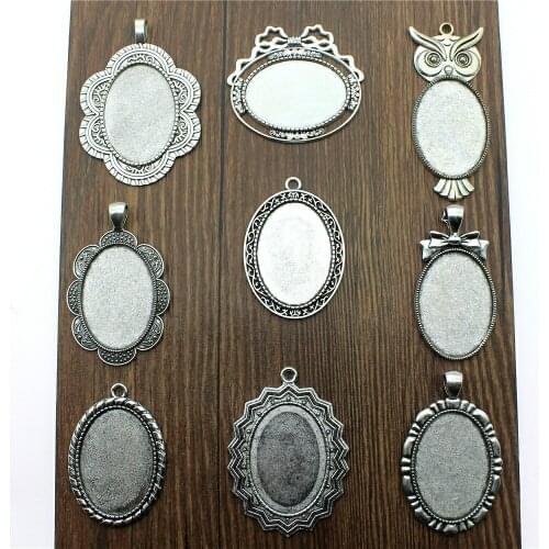 2pcs Fit 25x35mm Oval Glass Cabochon Base Setting Pendant Tray For Jewelry DIY Making Antique Silver Color FM4014