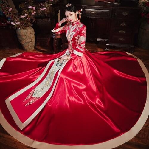 Retro Exquisite Embroidery Beading Cheongsam Chinese Couple Wedding Suit Elegant Bride Marry Dress китайская одежда