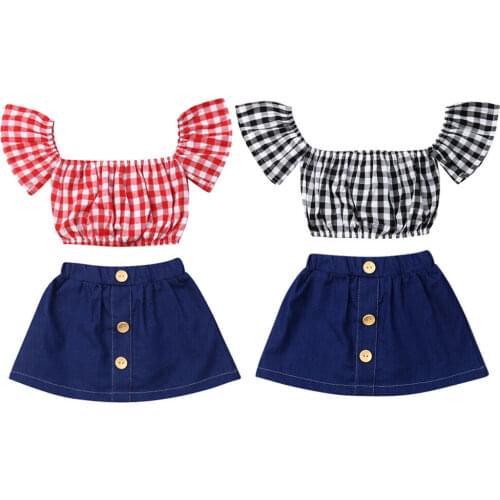 Citgeett Summer Toddler Baby Girl Clothes Off-Shoulder Plaids Tops+Denim Skirt Outfit Sunsuit Set Clothing