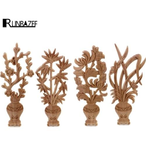 RUNBAZEF Flower Carving Natural Wood Appliques Carved Wooden Vase Unpainted Mouldings Decal Decorative Figurine Vintage Home