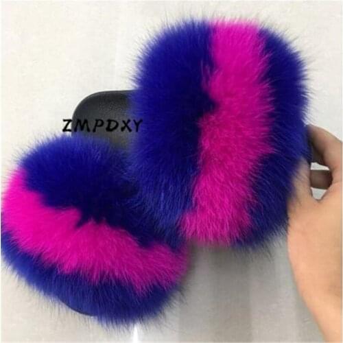 Childrens/Kids Real Fox Fur Slides Womens Anderson Fluffy Slippers Furry Flip Flops Woman Plush Shoes Lady Raccoon Fur Sandals